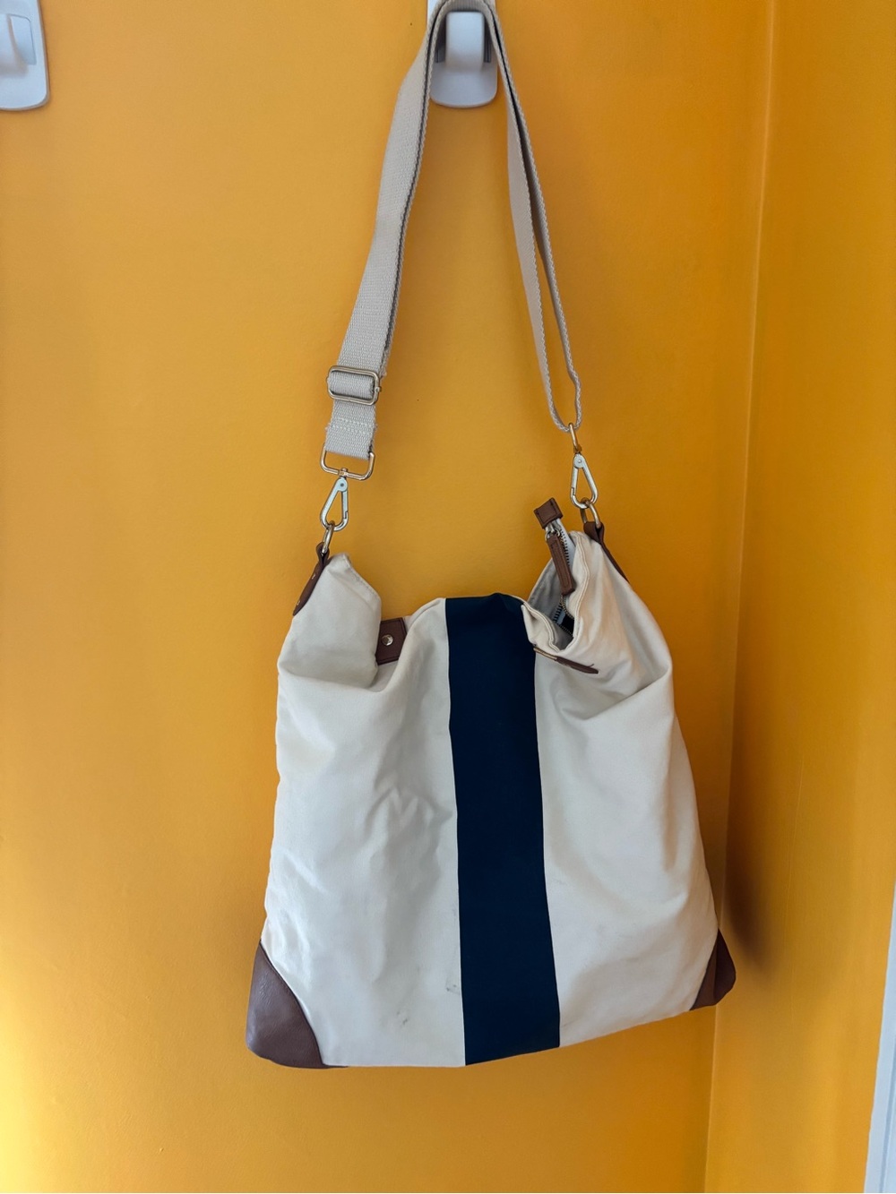 Merona Canvas Tote with Navy Center Stripe and Brown Leather Trim